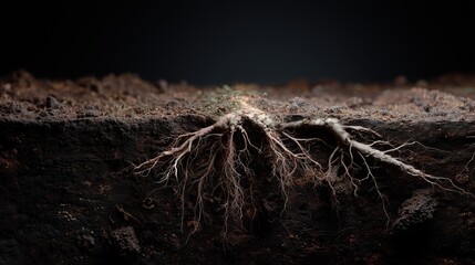 Tree roots spread through dark, rich soil, revealing intricate networks and textures, symbolizing growth and nature?s connection with earth.