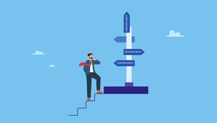 Businessman climb up stair to see opportunity sign. Opportunity, chance or career possibility to make decision, life choice to grow business, work accessibility, challenge or potential way to success.