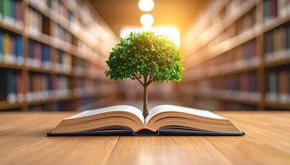 A tree of knowledge growing from an open book in a library, symbolizing education, wisdom, and personal development.