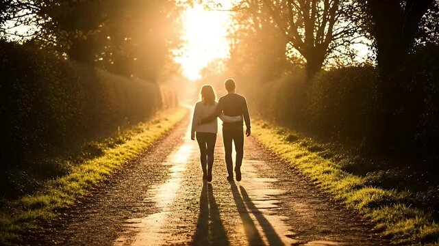 A romantic silhouette of a couple walking together on a country road at sunset
