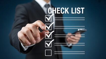Checklist: A sharply dressed professional meticulously reviews a checklist, symbolizing thoroughness, planning, and attention to detail in a dynamic business scenario.