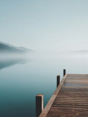 Fototapeta premium Tranquil dock scene with misty lake serene nature landscape photography peaceful environment aesthetic viewpoint