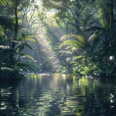 A rainforest river winding through thick vegetation, sunlight streaming through trees casting beautiful reflections.