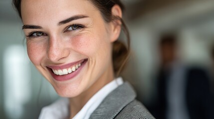 Portrait of a smiling woman in a gray suit, standing against the backdrop of a blurred modern office, exudes confidence and professionalism in a corporate setting.