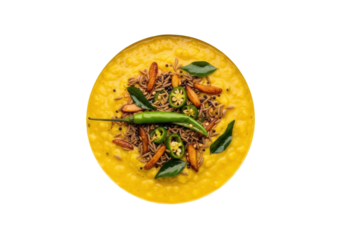 A vibrant yellow Dal Tadka, Indian yellow lentil curry, with glistening tadka (cumin, mustard, chilies, curry leaves, ghee) in a matte white bowl on transparent studio background, culinary excellence
