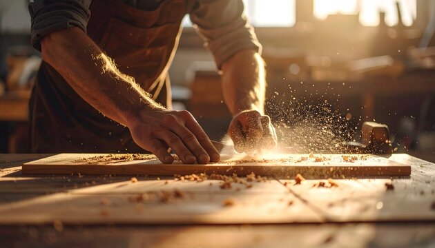 A carpenter meticulously planes a piece of wood in a workshop, sawdust flying.