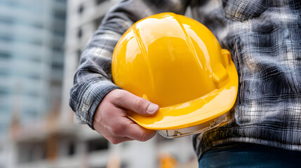 building, protective gear and people concept - close up of builder holding yellow hardhat or helmet at construction site, no logos, no brands