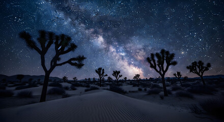 Dark Desert Night Sky with Milky Way and Joshua Trees