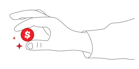 Line Art Hand of Business Man Holding a Coin Isolated. Making money and earning income vector art