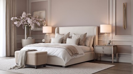english chic bedroom full view, cream upholstered bed, fig colored wall with panel molding, soft cinematic lighting