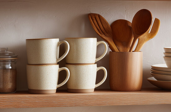 Close-up of ceramic mugs and wooden cooking utensils neatly arranged on beige open shelves