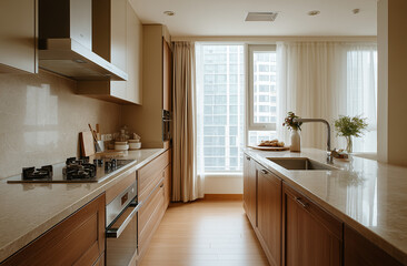 Medium-wide shot of Korean kitchen styled in soft beige and warm brown tones
