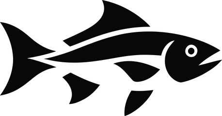 Stylized black fish silhouette with white eye and textured fins and body on white background