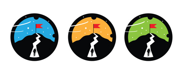 Silhouette of Business Man Walking for a Flag on Mountain Top. Achievements in sports and white collar work vector art