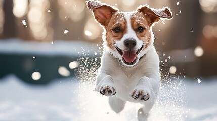 Happy Dog Joyfully Running Through Snow in Winter Wonderland