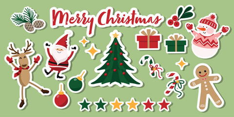 Christmas sticker set of cute characters with Santa Claus, snowman, reindeer, gingerbread, Christmas tree, Christmas balls, Holly berry, pine nuts, gift box, stars and candy cane.