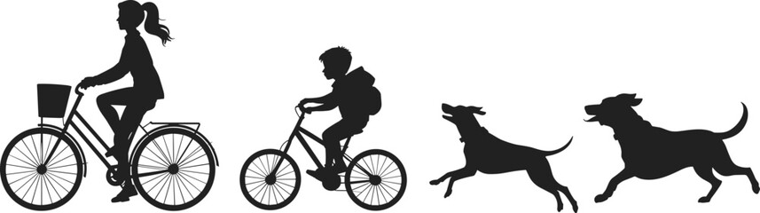Obraz premium Silhouettes of adult and child cycling with dogs, outdoor recreation, family activity, healthy lifestyle, energetic motion, companionship, playful pet moment