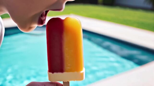 A refreshing fruit popsicle is being eaten by a boy near a swimming pool