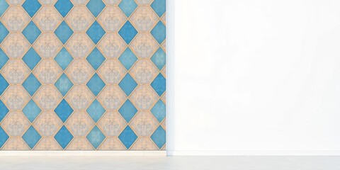 Blue beige geometric pattern on one wall, white blue background on adjacent wall, decor, two tone wall
