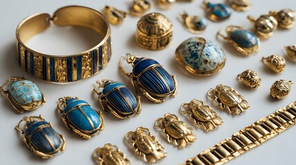 Studio view of ancient Egyptian jewelry replicas scarab amulets wide gold collars symbolic charms laid out on crisp white with high detail clarity