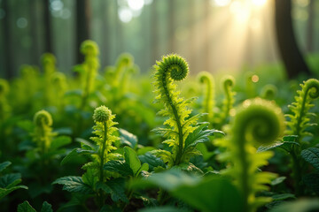 Green ferns sprouting in a sunlit forest under soft morning light  