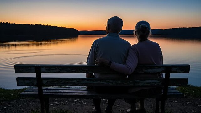 A silhouette of a romantic senior couple on a bench watching the sunset over a lake