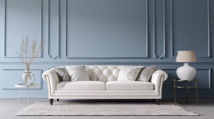 english chic living room full view, milk white sofa, dusty blue wall with symmetrical molding, cinematic soft light