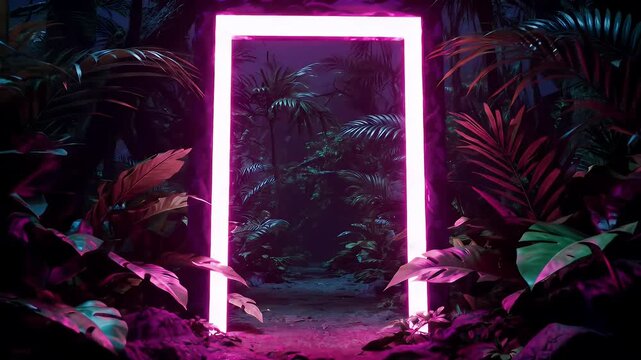 Neon Pink Portal in Dense Tropical Jungle with Lush Foliage in Moody Lighting