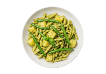 Meticulously prepared trofie al pesto genovese pasta with vibrant green pesto, string beans, and potato cubes on a pristine transparent background, perfectly lit, appetizing food photography concept