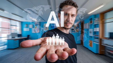 Man Interacting with AI Hologram Global Network Data Connection Futuristic Technology