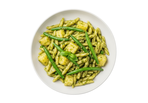 Meticulously prepared trofie al pesto genovese pasta with vibrant green pesto, string beans, and potato cubes on a pristine transparent background, perfectly lit, appetizing food photography concept