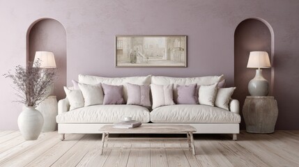 english cottage chic living room full view, white sofa, dusty lavender arched wall, light oak floor, soft cinematic lighting