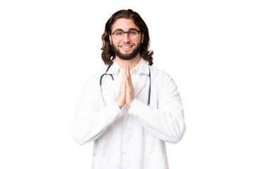 Young handsome man over isolated chroma key background wearing a doctor gown and pleading