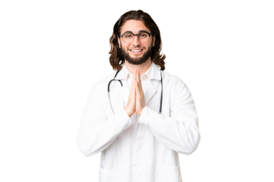 Young handsome man over isolated chroma key background wearing a doctor gown and pleading - Powered by Adobe
