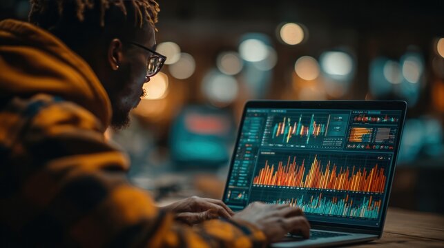 Customer big data analysis and marketing strategy with targeted profiling. Analyst analyzing customer data on laptop