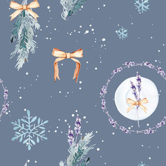 Dusty Blue Winter Lavender Seamless Pattern