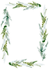 Watercolor Pine Frame Border with Winter Foliage