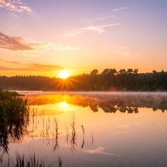 Fototapeta premium Serene sunrise over still lake, reflecting golden light and misty shoreline trees