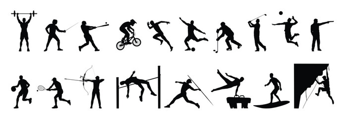 Fototapeta premium Athlete black silhouettes different sports graphic set vector collection.