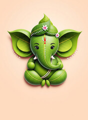 Cute Ganesha Chaturthi Card with Lord Ganesha Made from Green Leaves, Eco-Friendly on a Soft Background