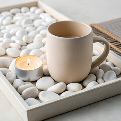 Peaceful Break with Ceramic Mug on Pebble Tray and Glowing Tea Light Candle