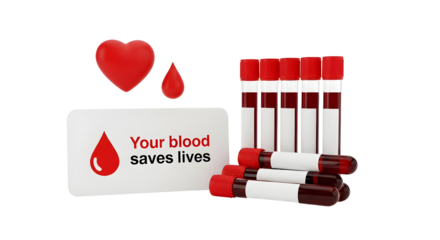 3D Blood Donation Test Tubes with Medical Awareness Card and Heart Icon on Transparent Background