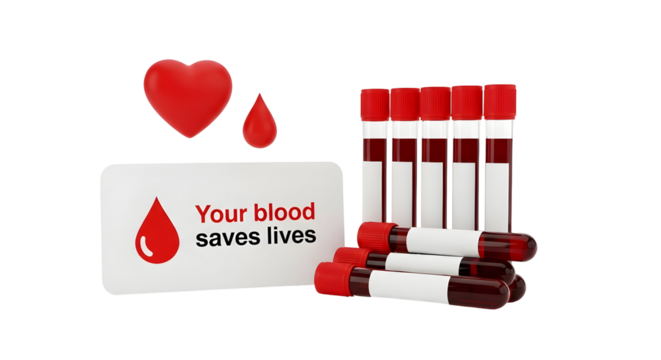 3D Blood Donation Test Tubes with Medical Awareness Card and Heart Icon on Transparent Background