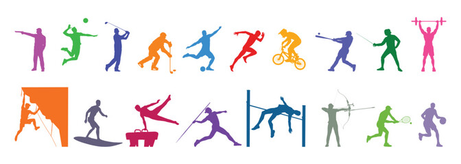 Naklejka premium Colorful silhouettes of various sports disciplines athlete vector collection.