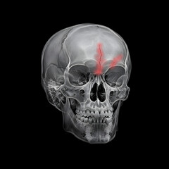X-ray of a Human Skull with Red Highlighted Fracture Line