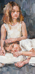 Impressionist oil painting of two girls in white dresses sharing a quiet, affectionate moment.