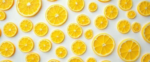 Infinite repeating lemon pattern, vibrant yellow citrus slices on white background,  geometric,  colorful