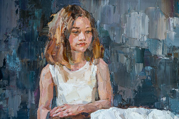 Impressionist oil painting of two girls in white dresses sharing a quiet, affectionate moment.
