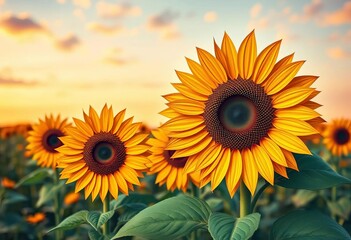 Obraz premium Layered paper cut sunflowers, textured petals, warm sky, peaceful field, sun, craft