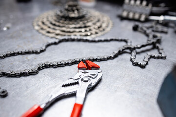 Bicycle spare parts in repair shop.